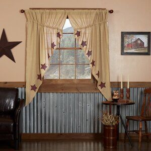 New Burlap Burgundy Star Prairie Window Swag - 63 inch length